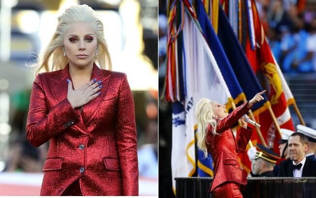 Lady Gaga aposta no brilho vermelho para cantar no Super Bowl 2016 Lady Gaga aposta no brilho vermelho para cantar no Super Bowl 2016