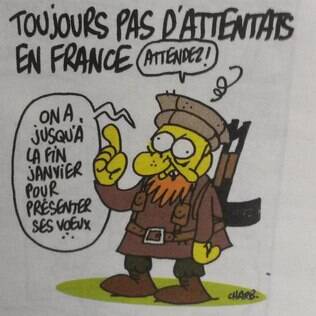 Em uma de suas últimas charges, Charb diz que a 'França segue sem atentados. Atenção, esperem até o final de janeiro para comemorar'