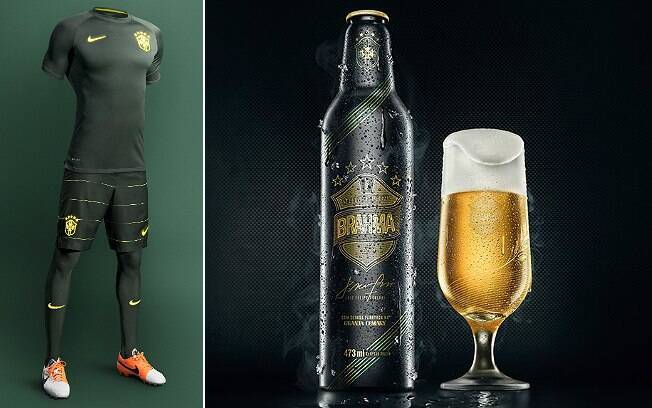 Garrafa da cerveja lembra a nova camisa da seleção, apresentada recentemente