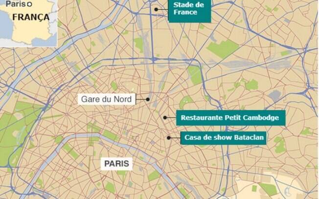 Mapa mostra os lugares atacados em ação terrorista em Paris nesta sexta-feira (13). Foto: Reprodução/BBC Brasil