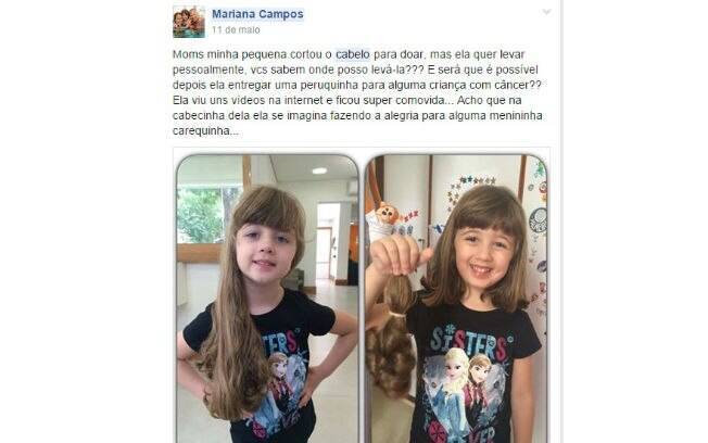 Mariana postou a foto da filha em sua página do Facebook pedindo indicação de locais que aceitariam o cabelo da filha. Foto: Arquivo pessoal