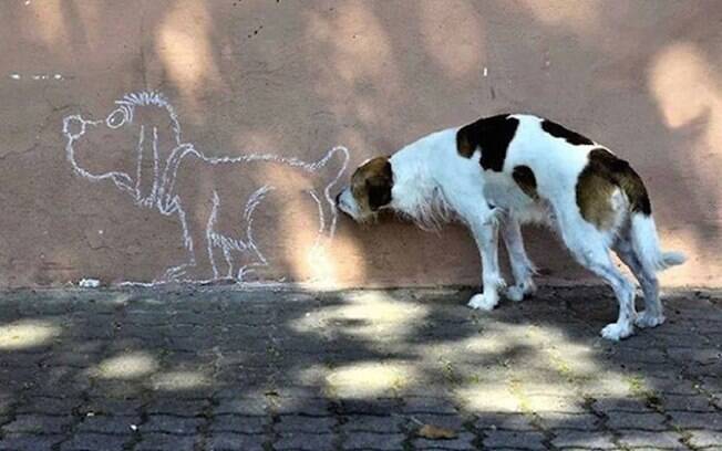 Cachorro cheira o bumbum de outro cachorro desenhado no muro