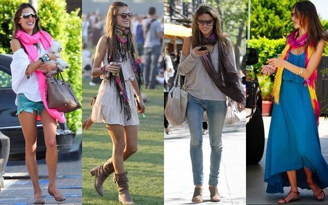 No figurino da modelo Alessandra Ambrósio, a echarpe vai com tudo: do short jeans ao vestidão