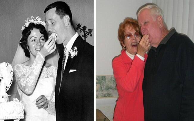 No dia do casamento e 50 anos depois