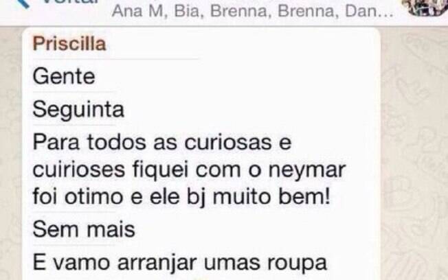 Imagem circula na rede com suposta conversa de Priscilla sobre Neymar