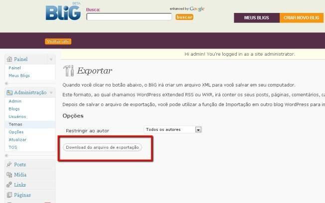 Tela de exportação de arquivo do Blig