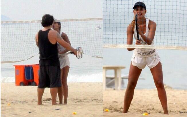 Letícia Wiermann joga partida de tênis de areia com o namorado em Ipanema, no Rio