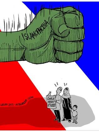 Charge produzida por Latuff para criticar o preconceito contra os muçulmanos na Europa após ataque a revista francesa 