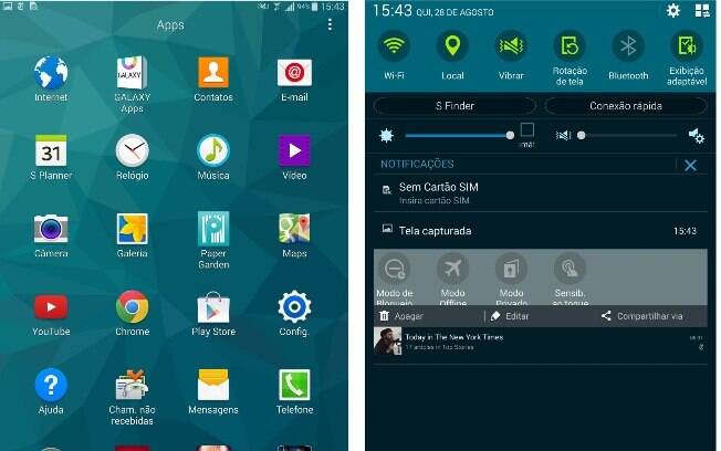 Telas de aplicativos e notificações doTab S