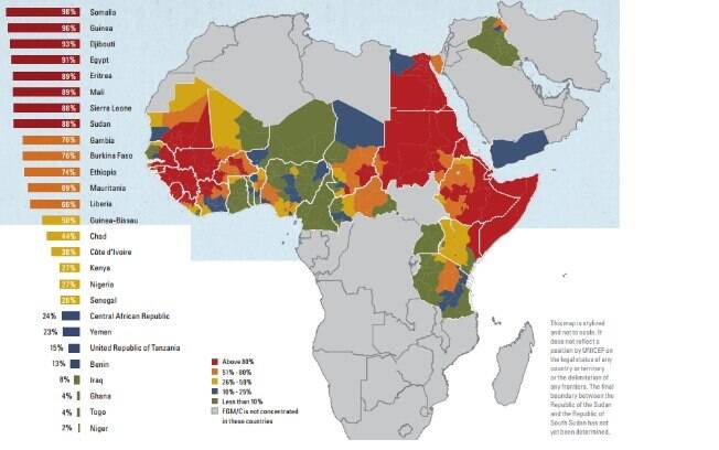 Mapa dos países com maior número de mulheres e crianças submetidas à mutilação genital na África