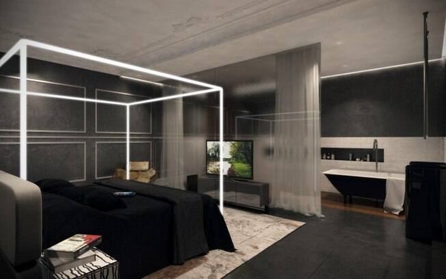 O quarto mantem a composição em cinza, preto e branco. A cabeceira da cama foi desenhada pelo arquiteto e um espelho fumê divide o espaço