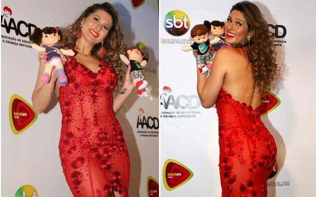 Lívia Andrade exagerou no vestido transparente, vermelho e justo no Teleton 2013