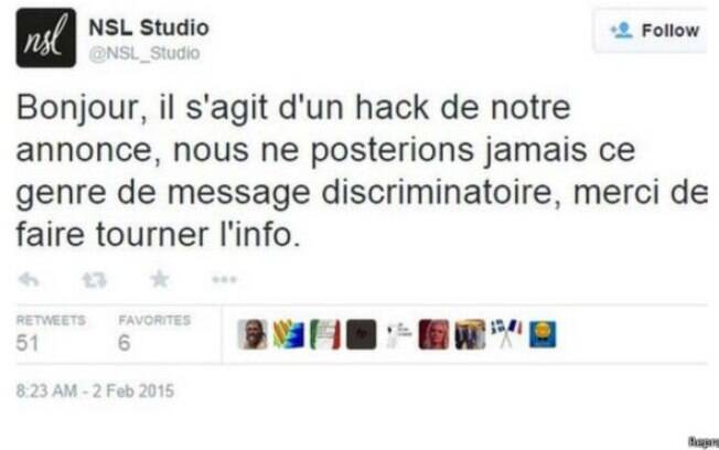 Empresa pede desculpas no Twitter pelo anúncio discriminatório e diz que foi 'hackeada'