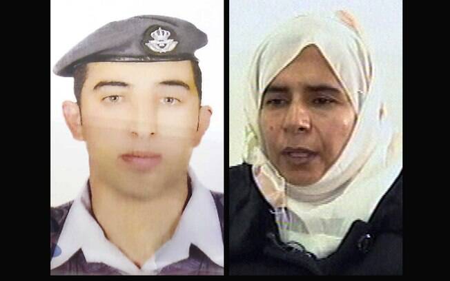 O piloto Moaz al-Kasaesbeh em montagem ao lado da terrorista iraquiana Sajida al-Rishawi