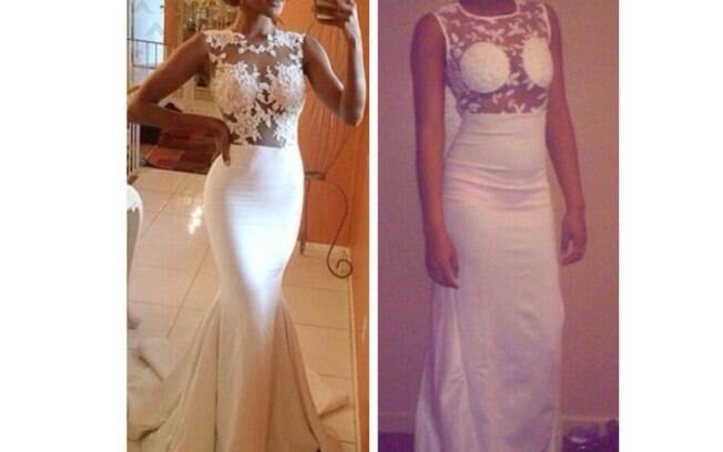  esquerda, a foto do vestido no site de compras,  direita, o modelo que chegou para a compradora
