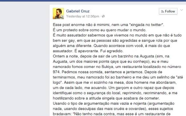Reprodução do post de Gabriel Cruz no Facebook
