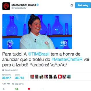 Tweet anunciando Izabel como vencedora do MasterChef Brasil foi retweetado mais de 36 mil vezes, e recebeu 38,7 mil curtidas