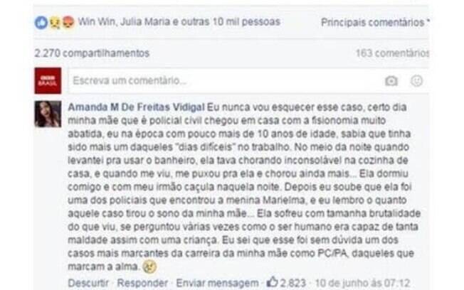 O comentário de Aline, filha da policial civil Marielene, no Facebook da BBC Brasil