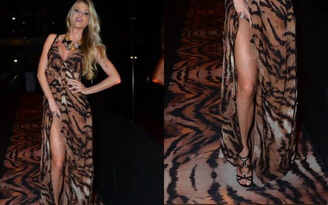 Quem vestiu melhor a estampa de onça misturada com zebra: a modelo Caroline Bittencourt ou o tapete?