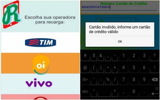 Após selecionar a operadora da suposta recarga, aplicativo verifica número do cartão de crédito