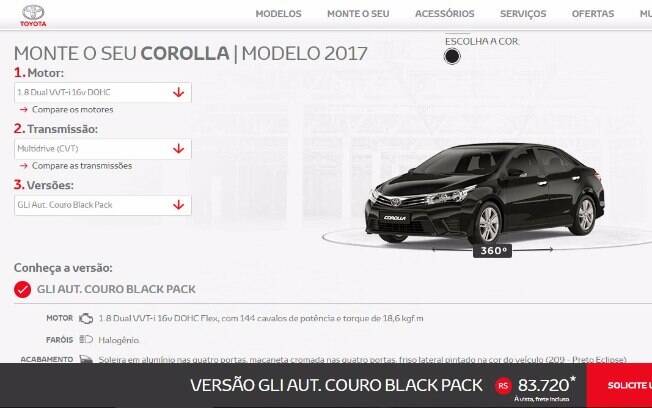 Configurador do Toyota Corolla GLi Upper com o pacote Black Pack.