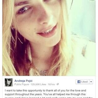 Mensagem de Andreja Pejic em sua página no Facebook