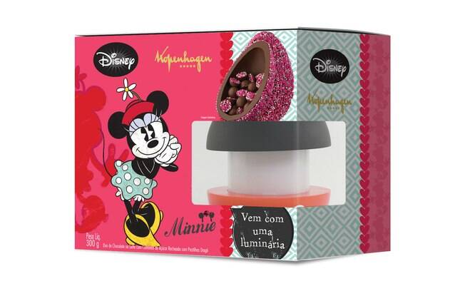 Ovo ao leite da Minnie com dragês rosas e brancos e vem com luminária; 300g. De Kopenhagen - R$ 78,50. Foto: Divulgação/Kopenhagen