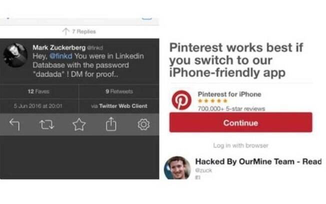 O usuário Ben Hall tuitou uma foto da conta de Zuckerberg sendo hackeada no Pinterest