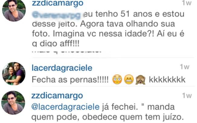 Zezé Di Camargo em dois momentos de seus comentários: respondendo para seguidora e para a namorada