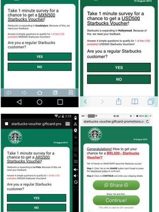 De acordo com a mensagem, a Starbucks estaria dando de presente R$500, a ser trocados por produtos da marca nas lojas da rede