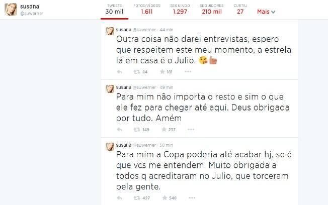 Susana Werner fala no Twitter sobre o desempenho do marido no jogo contra o Chile na Copa do Mundo
