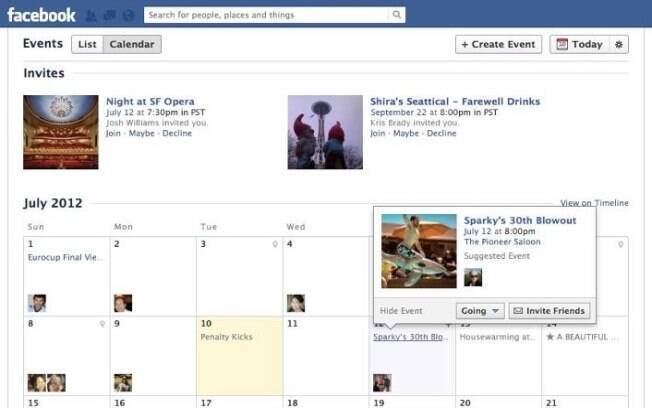 Página de eventos do Facebook mostra aniversários e festas em um novo calendário