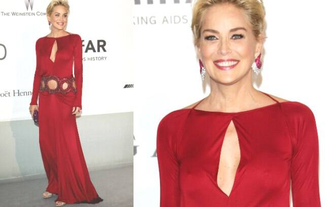 Sharon Stone usou vestido decotado sem sutiã que evidenciava os seios em Cannes