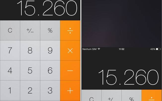 Aplicativo da calculadora em modo normal (esq.) e Reachability, modo para uso com uma só mão