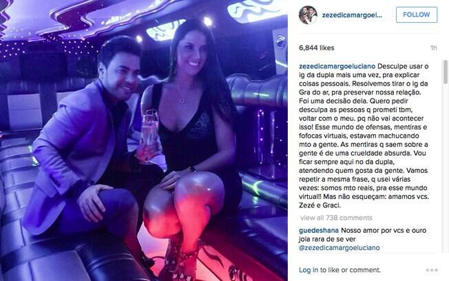Zezé Di Camargo explicou por que a namorada Graciele Lacerda deletou seu perfil no Instagram