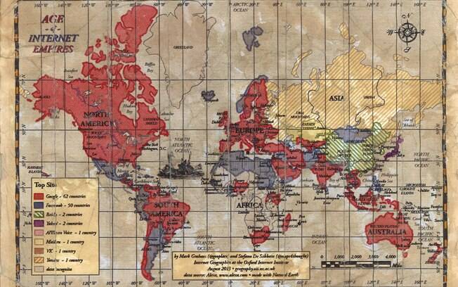 Mapa-múndi da influência dos sites com o tamanho original dos países