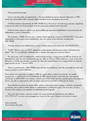 São Judas mandou comunicado aos alunos falando das dificuldades do FIES