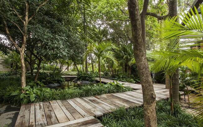 O paisagista Gilberto Elkis assina o Jardim do Bosque, que recepciona os visitantes da Casa Cor. A área de 800 m² conta com espécies tropicais e um lago com peixes