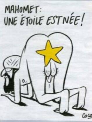 Exemplo de charge da Charlie Hebdo sobre o profeta Maomé criticada por Latuff