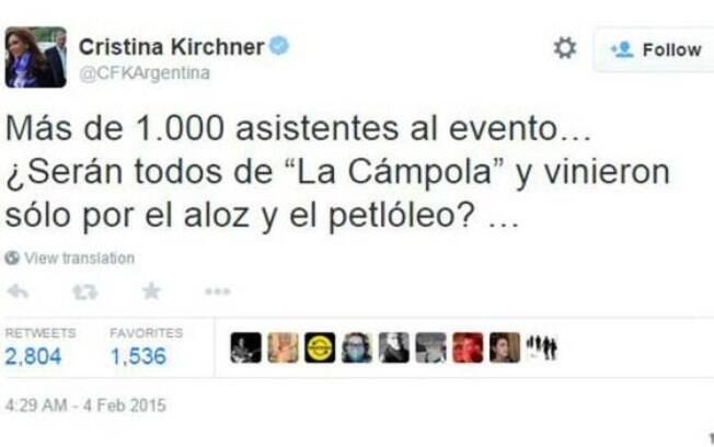 Tuíte da presidente argentina fez brincadeira com a troca das letras 'r' por 'l'