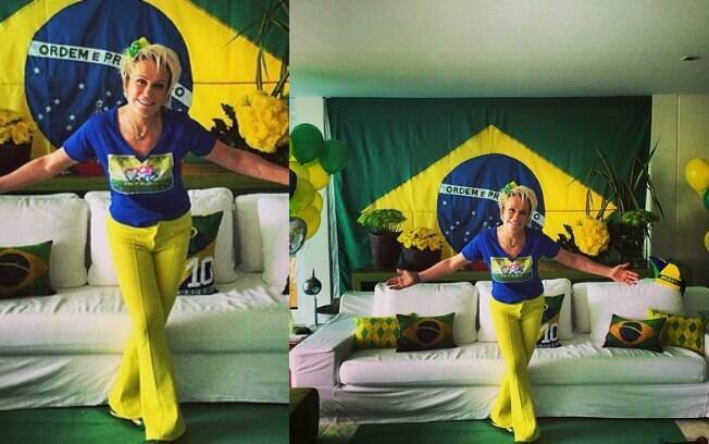 Ana Maria Braga decorou a sala de sua casa nas cores da bandeira brasileira