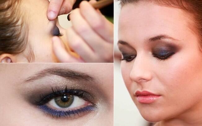 O olho esfumado com dourado e azul é uma opção para criar o look noite
