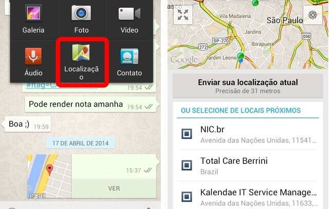 2 - WhatsApp permite compartilhar localização. Foto: Reprodução
