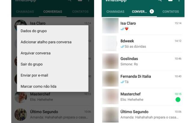 WhatsApp permite que usuário envie conversas de contato e de grupos por e-mail e que marque os bate-papos como não lidos como um lembrete. Foto: Reprodução