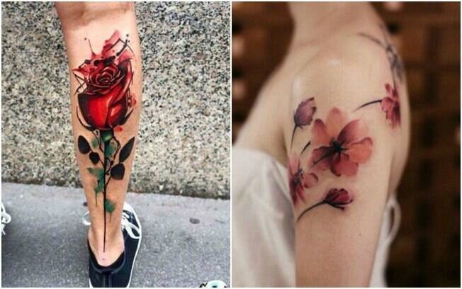 As flores podem ter efeitos bem diferentes ao serem pintadas no estilo de tatuagem aquarela