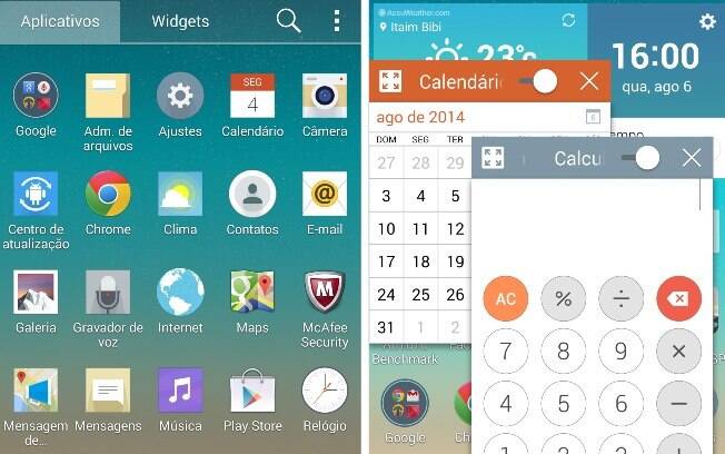 Tela de aplicativos do G3 (esq.) e recurso QSlide, com apps em janelas menores (dir.)