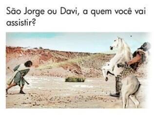 Montagem de Edir Macedo mostrando Rei Davi enfrentando São Jorge