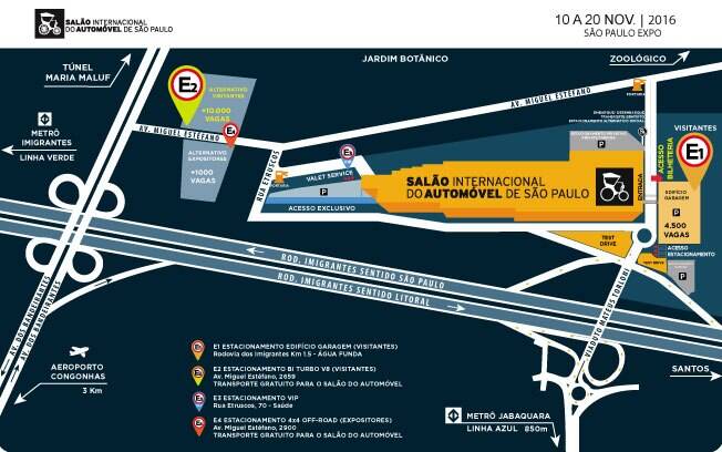 Mapa mostra como chegar no São Paulo Expo, o novo local do Salão do Automóvel de São Paulo, com os principais acessos sinalizados.