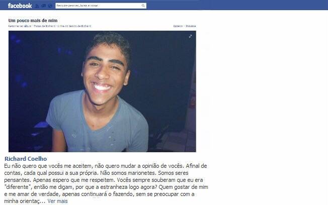 Richard Gomes escolheu uma postagem em seu perfil no Facebook para se assumir gay para família