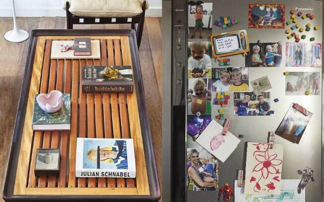Livros na sala de estar e porta da geladeira com fotos e desenhos dos filhos de Fernanda, os gêmeos João e Francisco 
